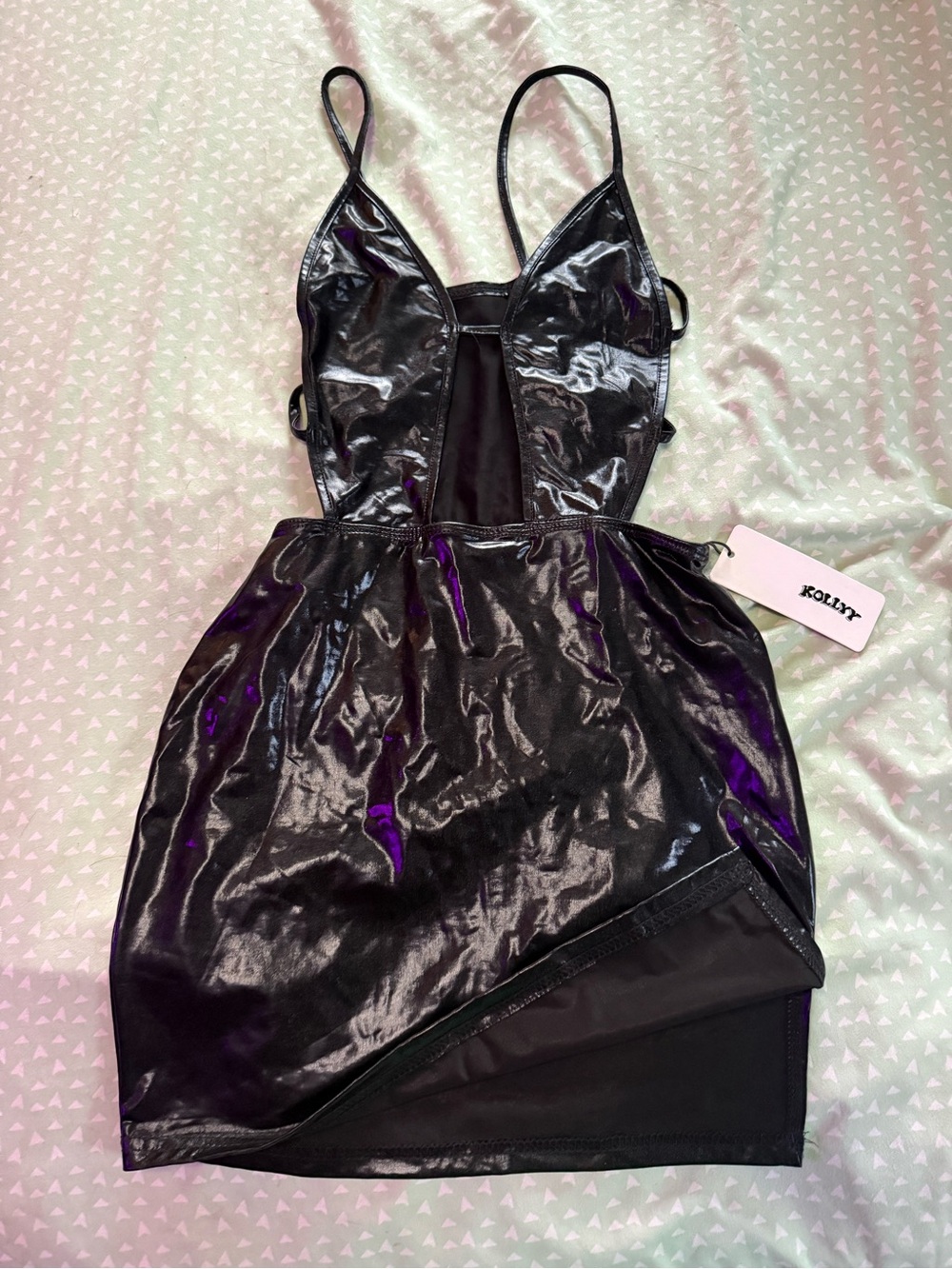Kolliy Black Patent Mini Dress with Spaghetti Straps